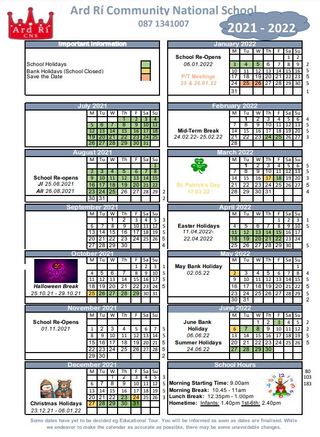 School Calendar Ard Ri CNS